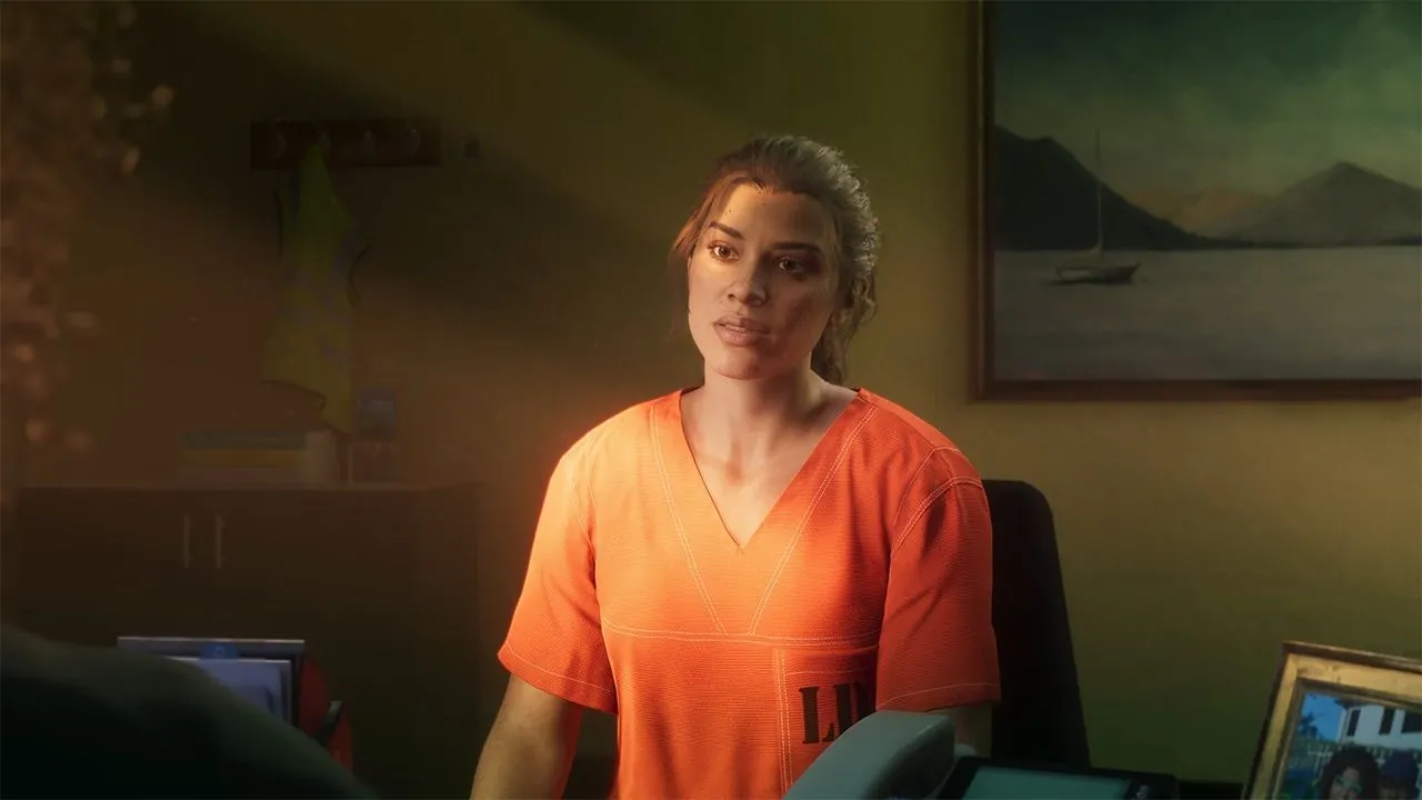 Nhân vật nữ trong bộ đồ tù nhân ngồi trong văn phòng từ video game Grand Theft Auto VI