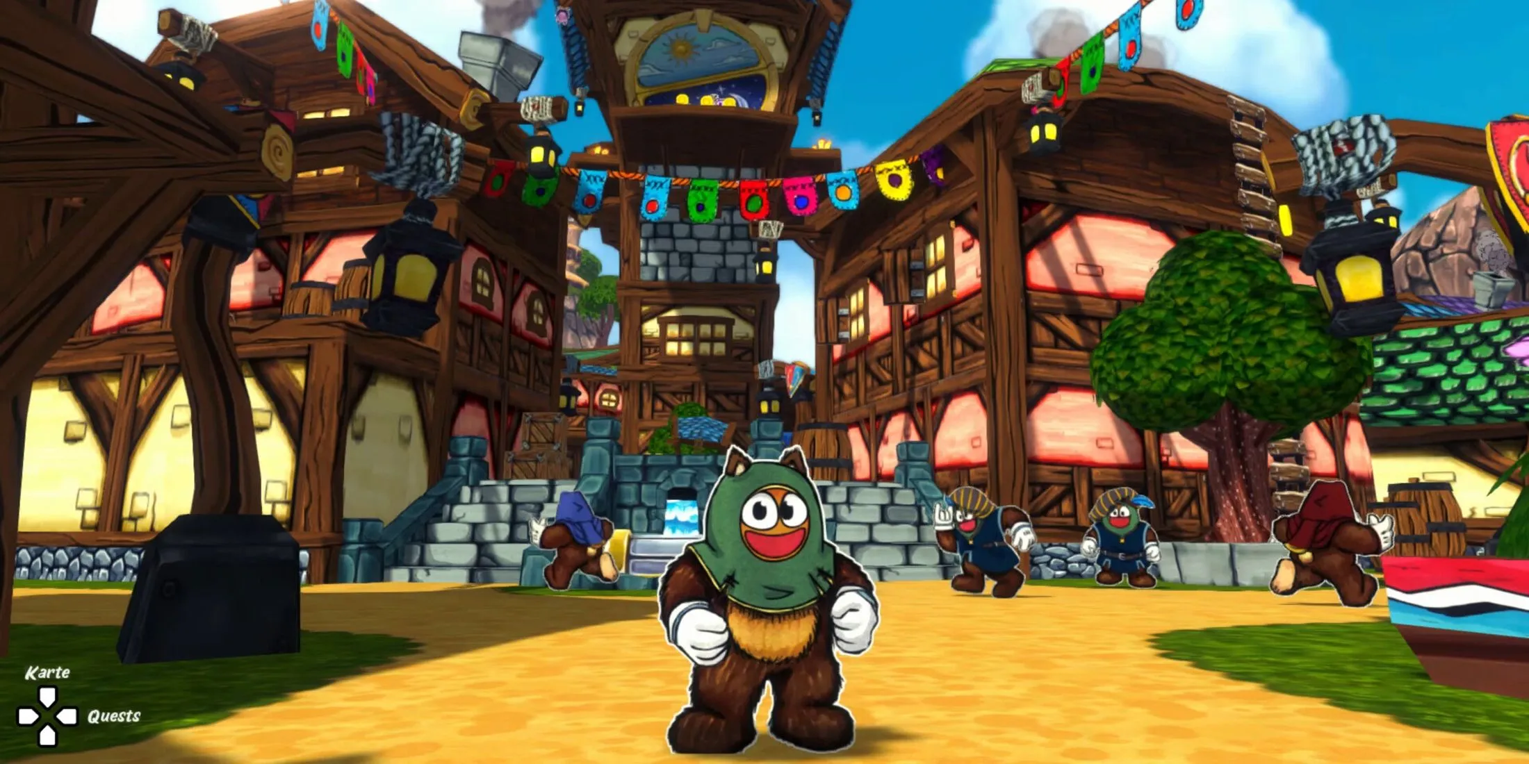 Nhân vật Ruffy trong game Ruffy and the Riverside đứng trước thị trấn