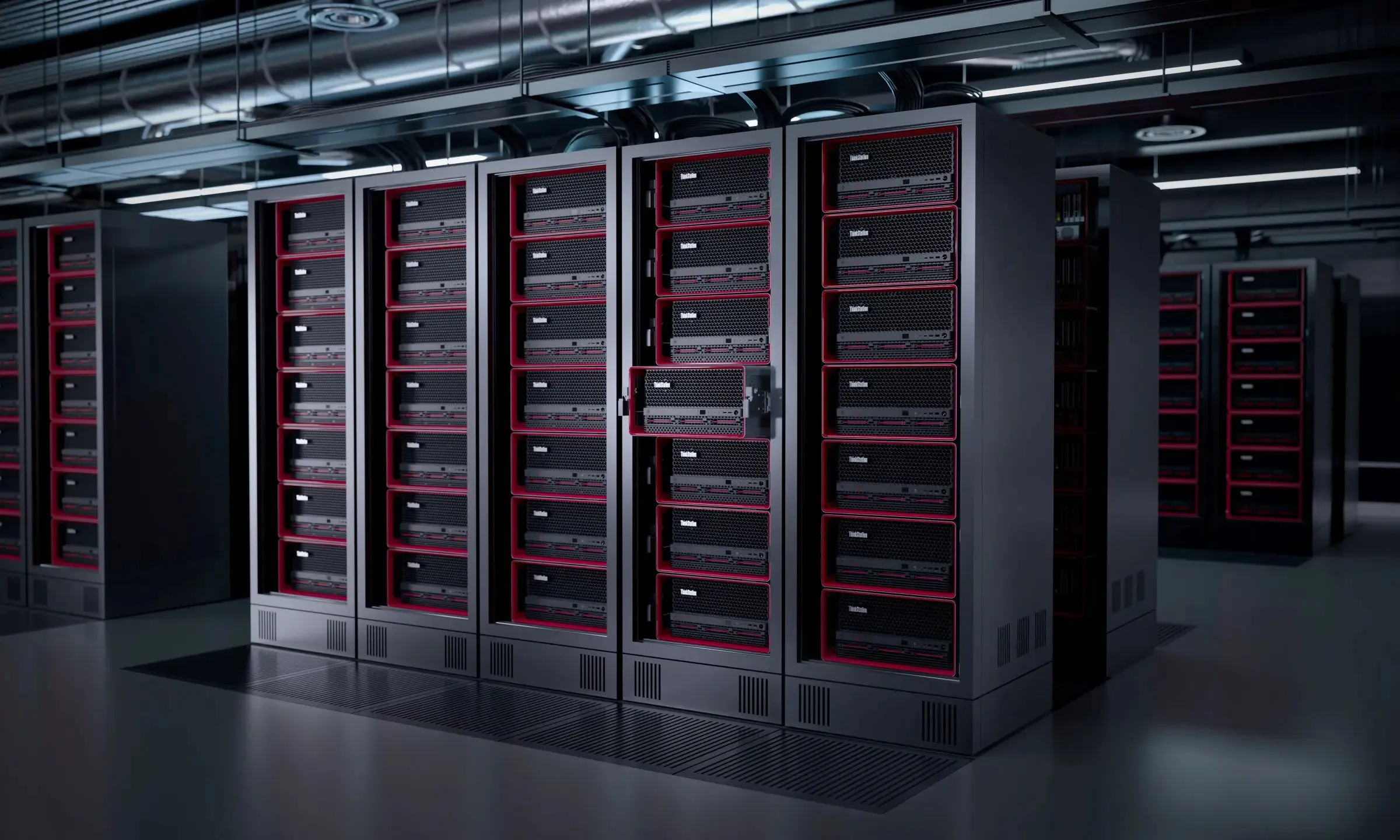 Nhiều tủ rack máy chủ trung tâm dữ liệu với máy trạm Lenovo ThinkStation PX