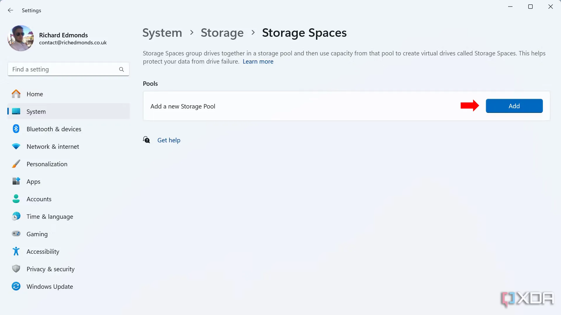 Nút Thêm (Add) để tạo không gian lưu trữ mới trong Storage Spaces