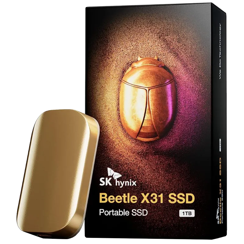 Ổ cứng SSD di động SK Hynix Beetle X31 với thiết kế vàng sang trọng và nhỏ gọn.