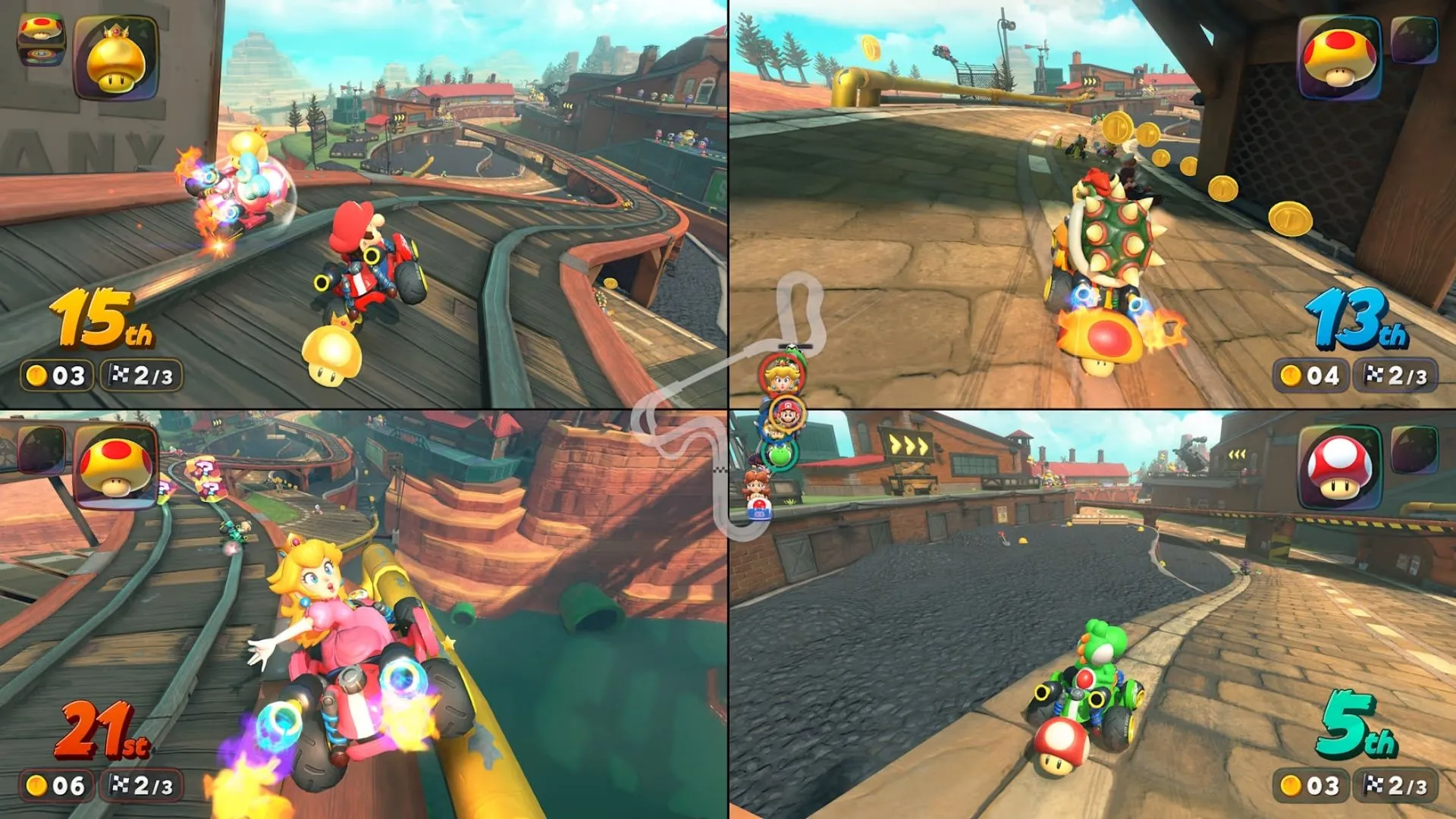 Peach đua trên đường đua rực rỡ dưới bầu trời đêm trong Mario Kart World