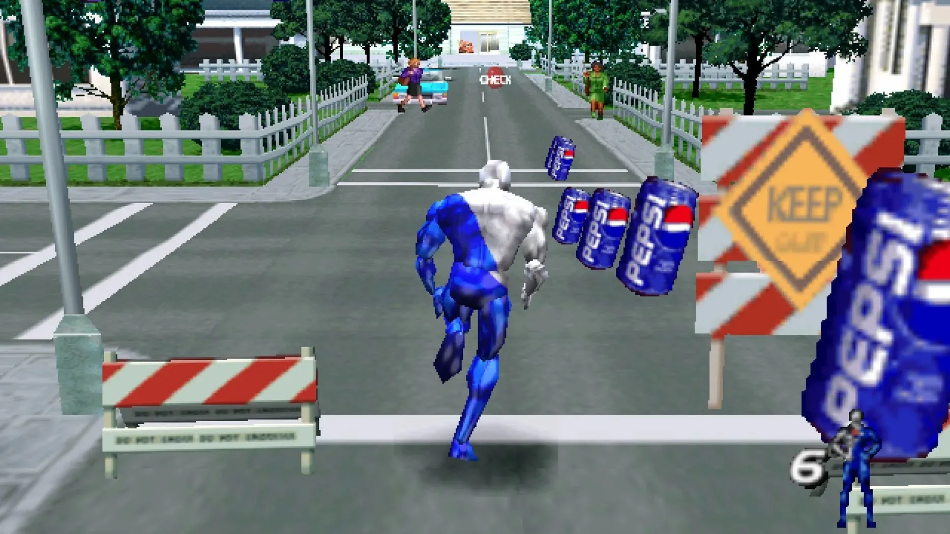 Pepsiman đang chạy trên đường phố và thu thập lon Pepsi