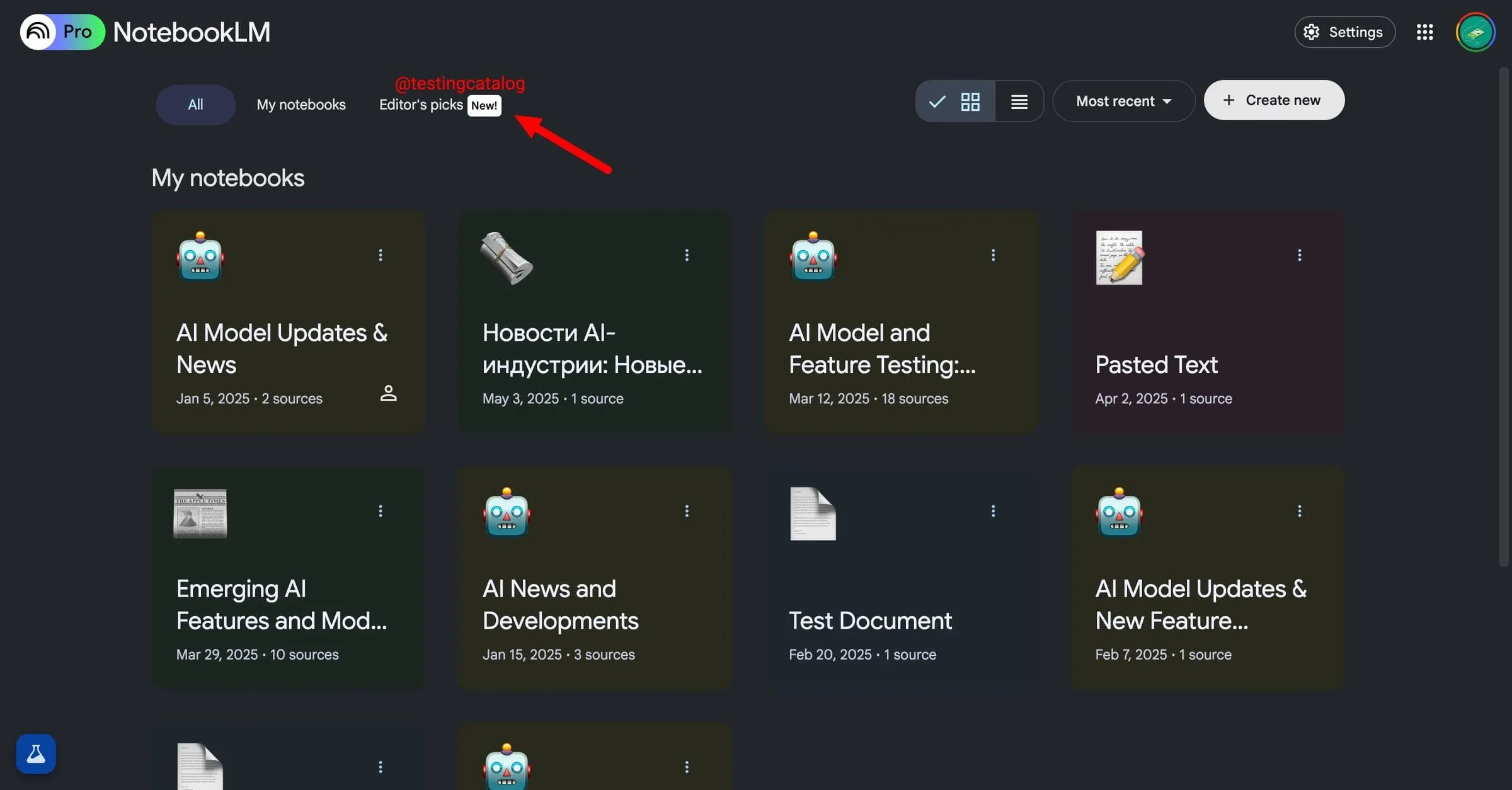 Phần Editor's Picks mới trên trang chủ NotebookLM, gợi ý các sổ tay công khai được chọn lọc