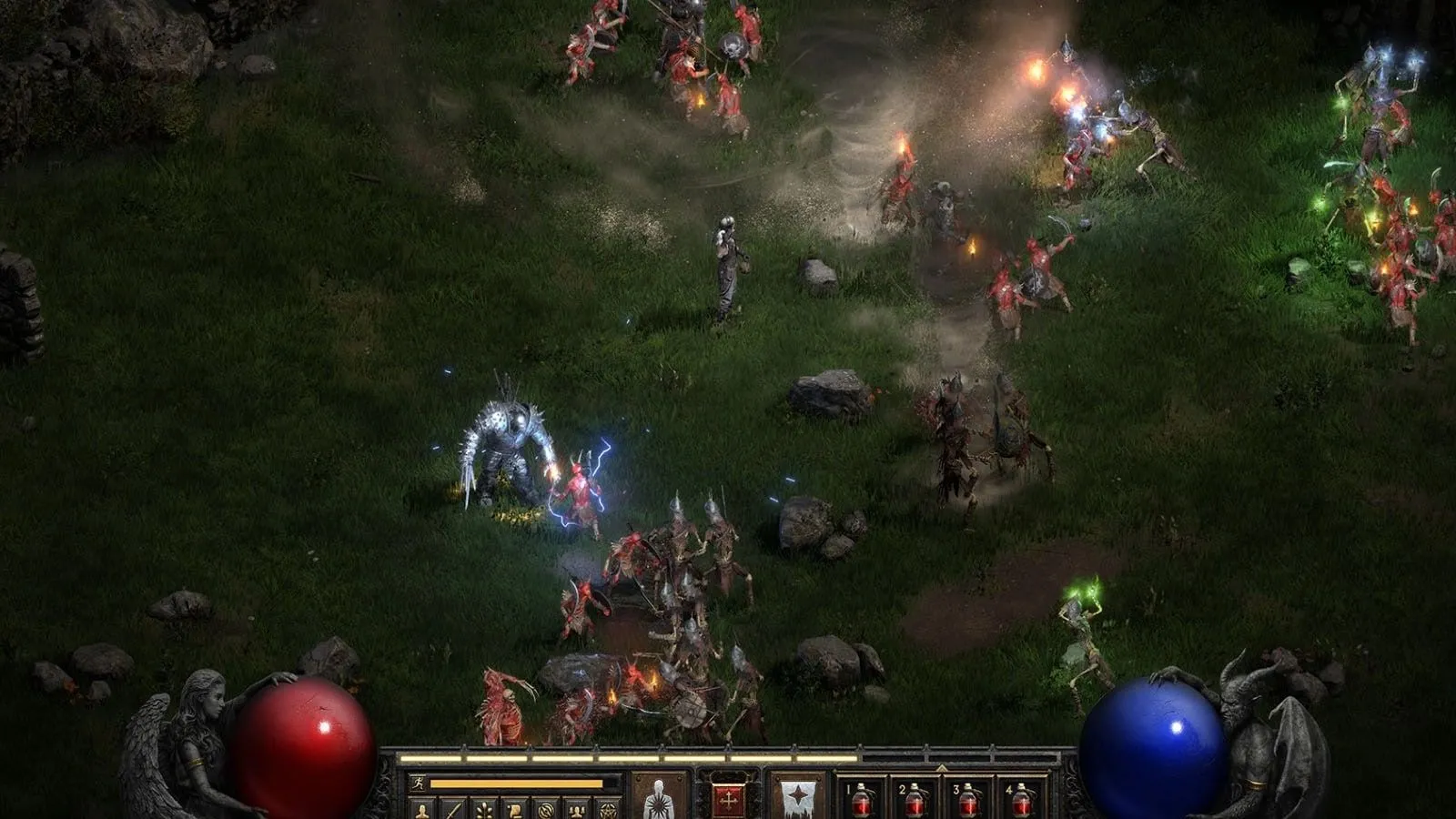 Pháp sư trong Diablo 2 Resurrected đang chiến đấu trên cánh đồng, tái hiện lối chơi nhập vai hành động