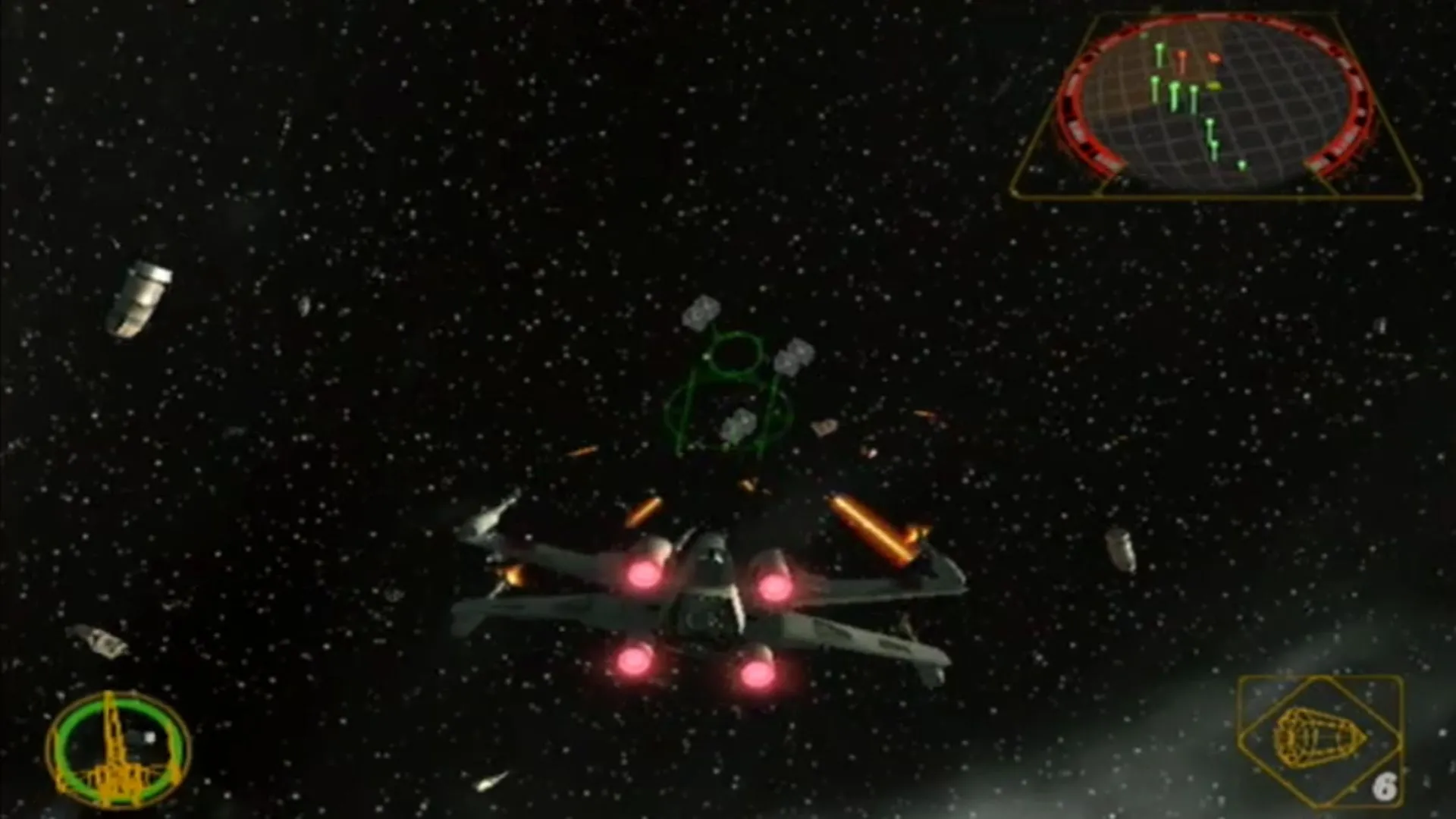 Phi thuyền X-Wing chiến đấu với TIE Fighters trong Star Wars Rogue Squadron II: Rogue Leader, minh họa tính năng gọi viện binh.
