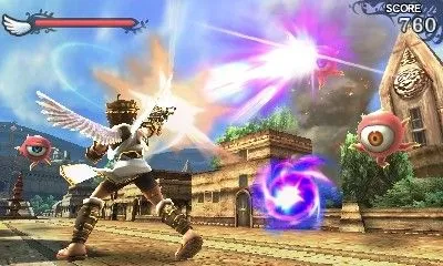 Pit, nhân vật chính của Kid Icarus Uprising, đang chiến đấu trên không trung trong tựa game bắn súng phiêu lưu độc quyền trên Nintendo 3DS.