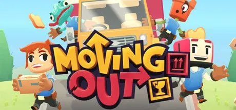 Poster game Moving Out với các nhân vật hoạt hình đang vận chuyển đồ đạc