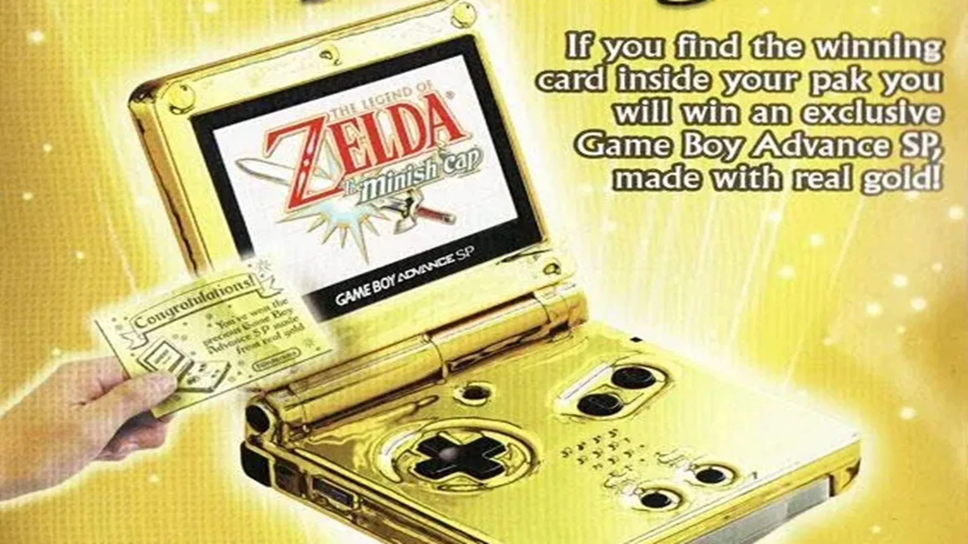 Quảng cáo cuộc thi tìm vé vàng trúng Game Boy Advance SP mạ vàng 24K độc đáo.