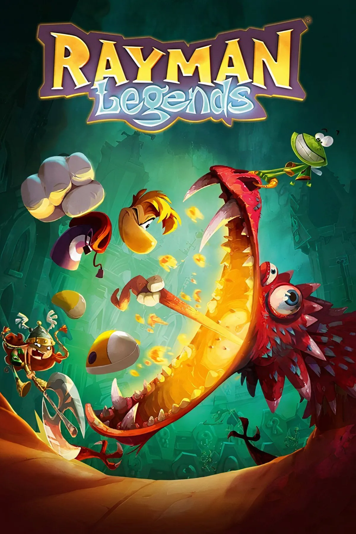 Rayman và các nhân vật khác đang chạy và nhảy trong một màn chơi đầy màu sắc
