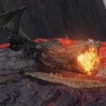 Rồng Magma Wyrm trong Elden Ring đang di chuyển trên dung nham, thể hiện sức mạnh của lửa và đá. Hình ảnh minh họa cho trận chiến đầy thử thách với boss rồng lửa.