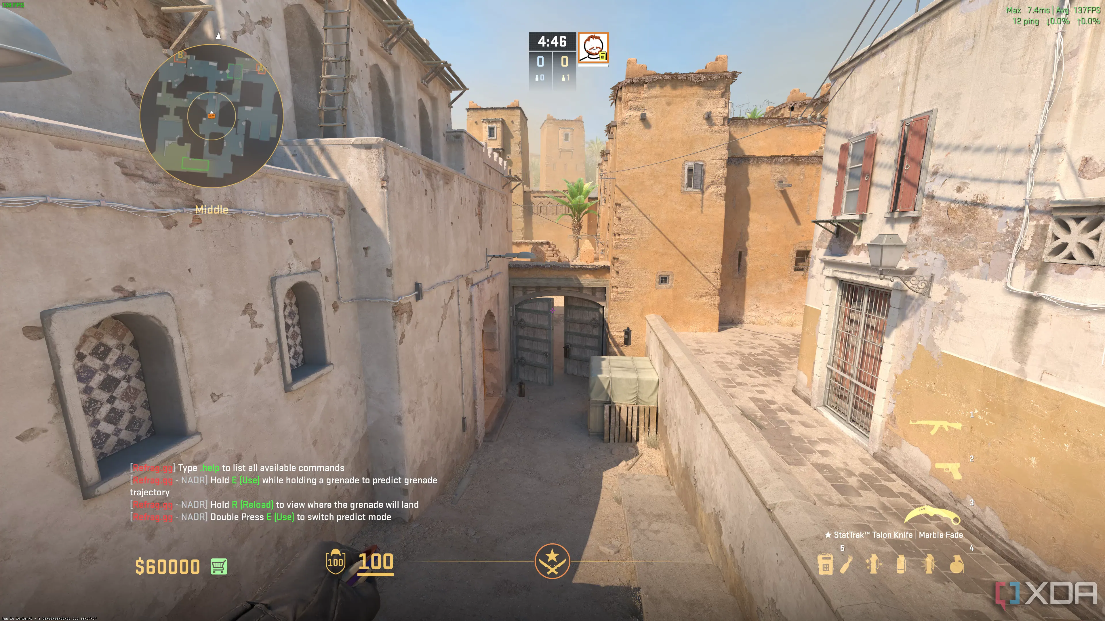 Screenshot from Counter-Strike 2 video game of laneway in market setting.