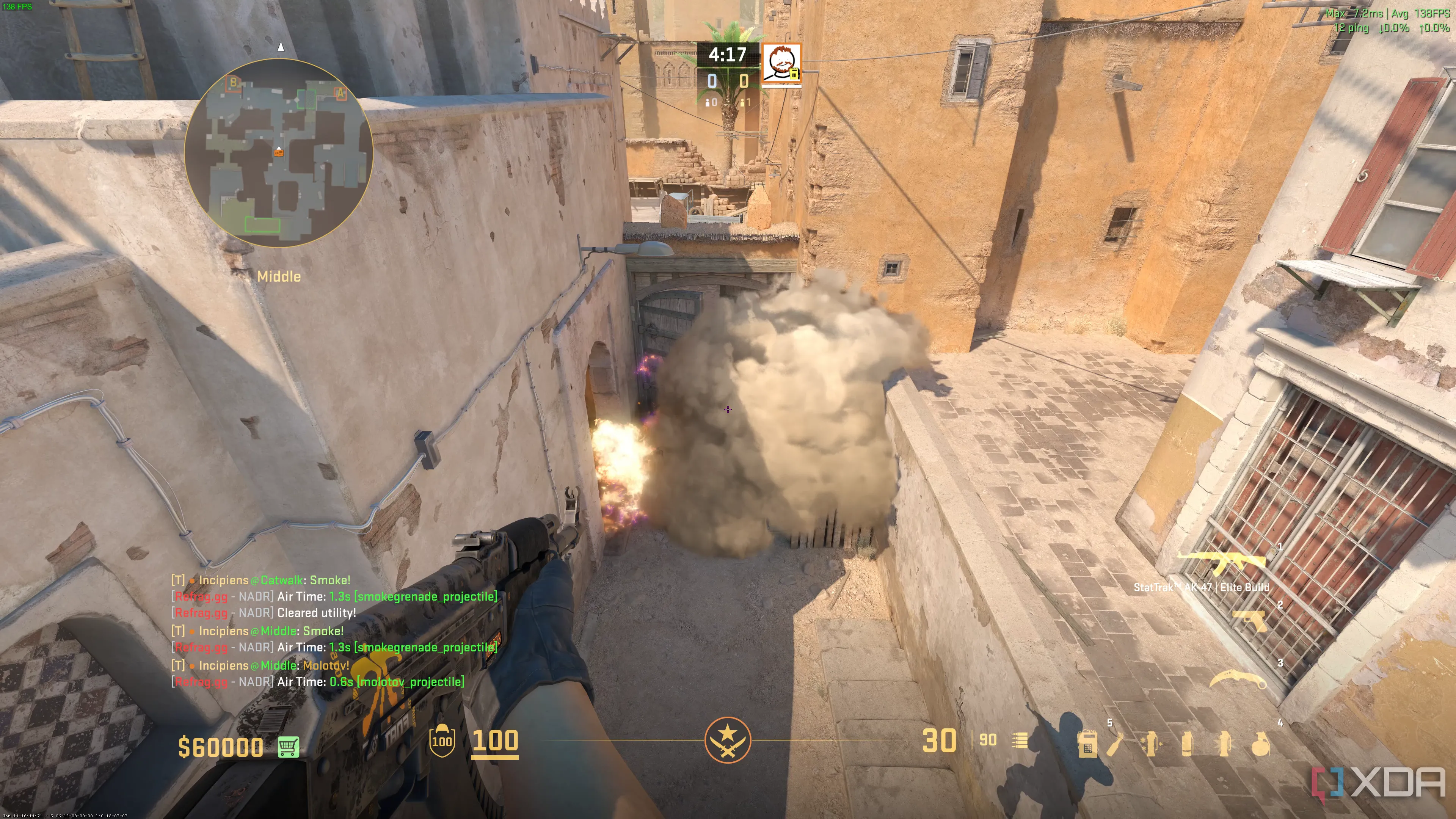 Screenshot from Counter-Strike 2 video game of player character looking towards explosion of smoke