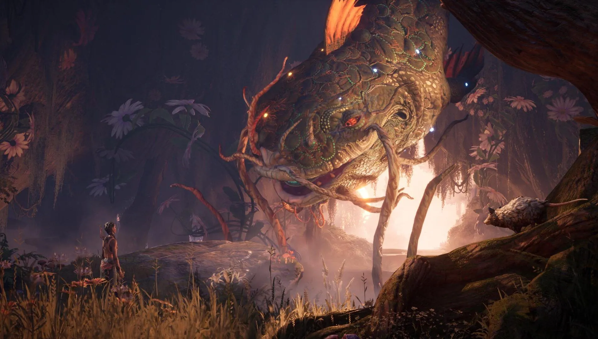 Screenshot từ game South of Midnight với nhân vật nữ chính trò chuyện cùng một con cá lớn giữa đầm lầy huyền bí