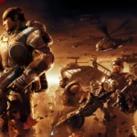 Screenshot từ trailer Gears of War 2 với nhân vật đứng trước khung cảnh đổ nát sau trận chiến