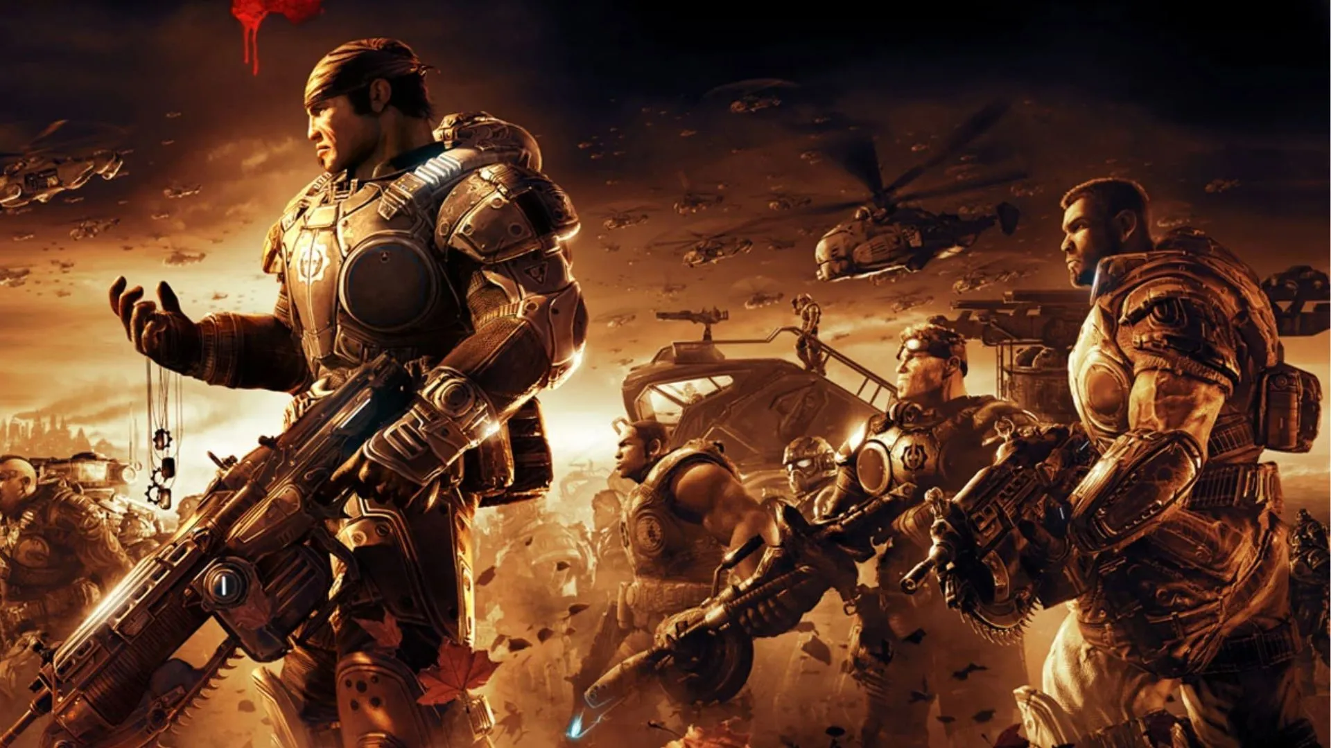 Screenshot từ trailer Gears of War 2 với nhân vật đứng trước khung cảnh đổ nát sau trận chiến