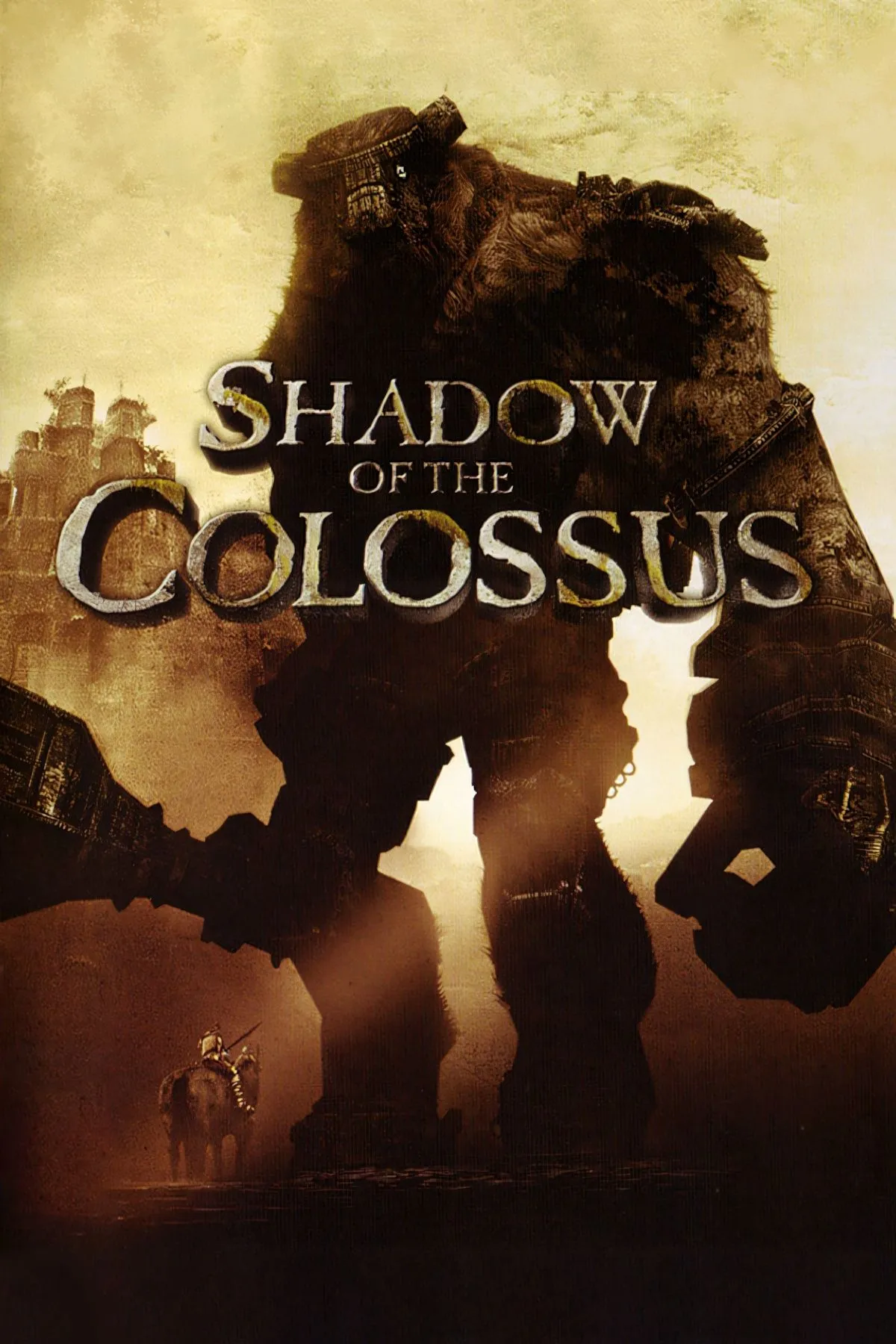 Shadow of the Colossus, với nhân vật Wander chuẩn bị đối mặt với một Colossus khổng lồ trong bối cảnh rộng lớn
