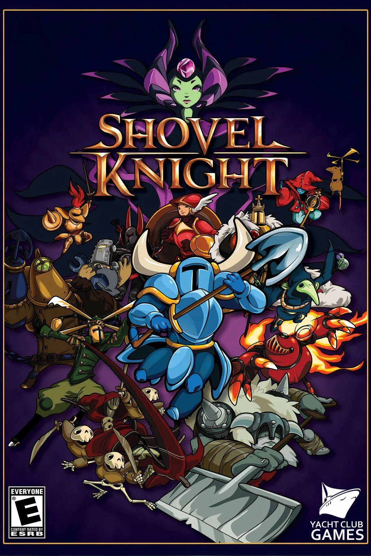 Shovel Knight trong tư thế chiến đấu, minh họa phong cách đồ họa pixel 8-bit hiện đại và ấn tượng.