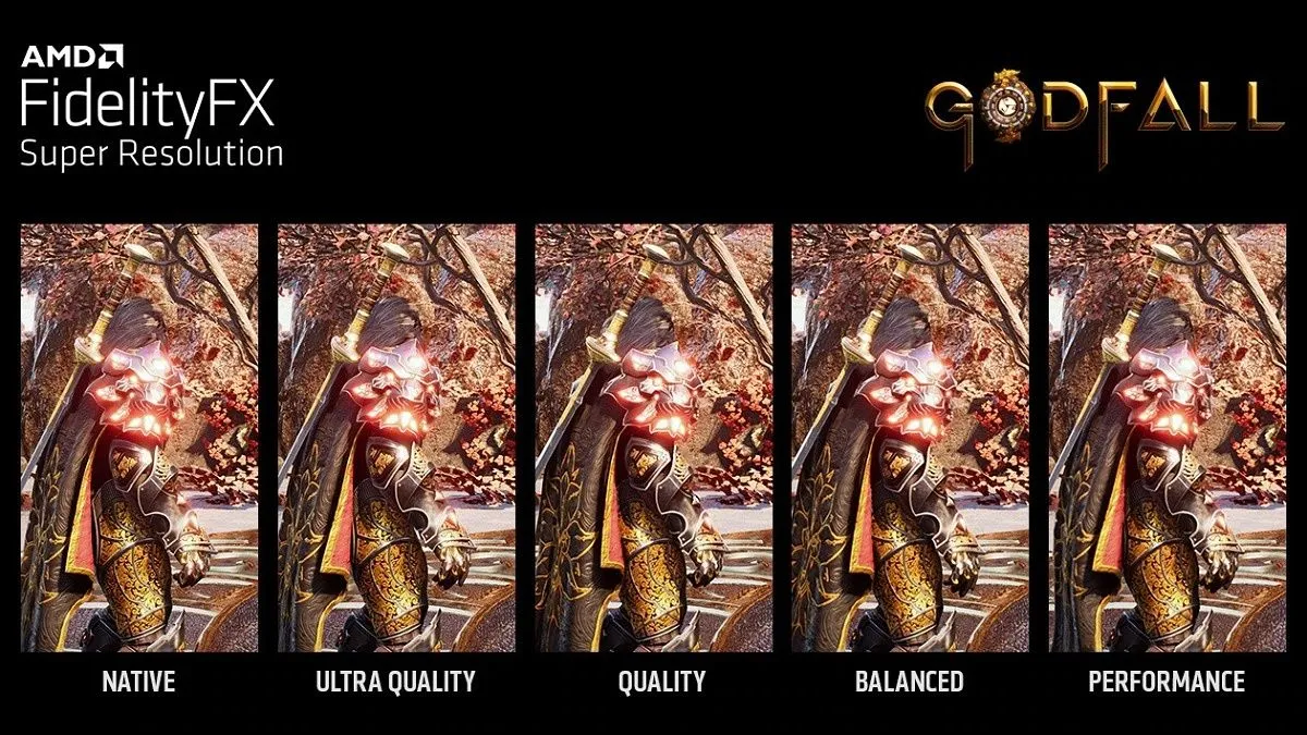 So sánh chất lượng hình ảnh khi chạy game Godfall với các cấp độ khác nhau của công nghệ AMD FSR, cho thấy tiềm năng của FSR 4.0.