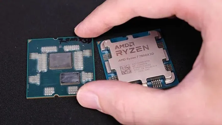 So sánh chip xử lý AMD Ryzen 7 7800X3D thực tế và hàng giả, thể hiện cấu trúc chiplet và công nghệ 3D V-Cache.