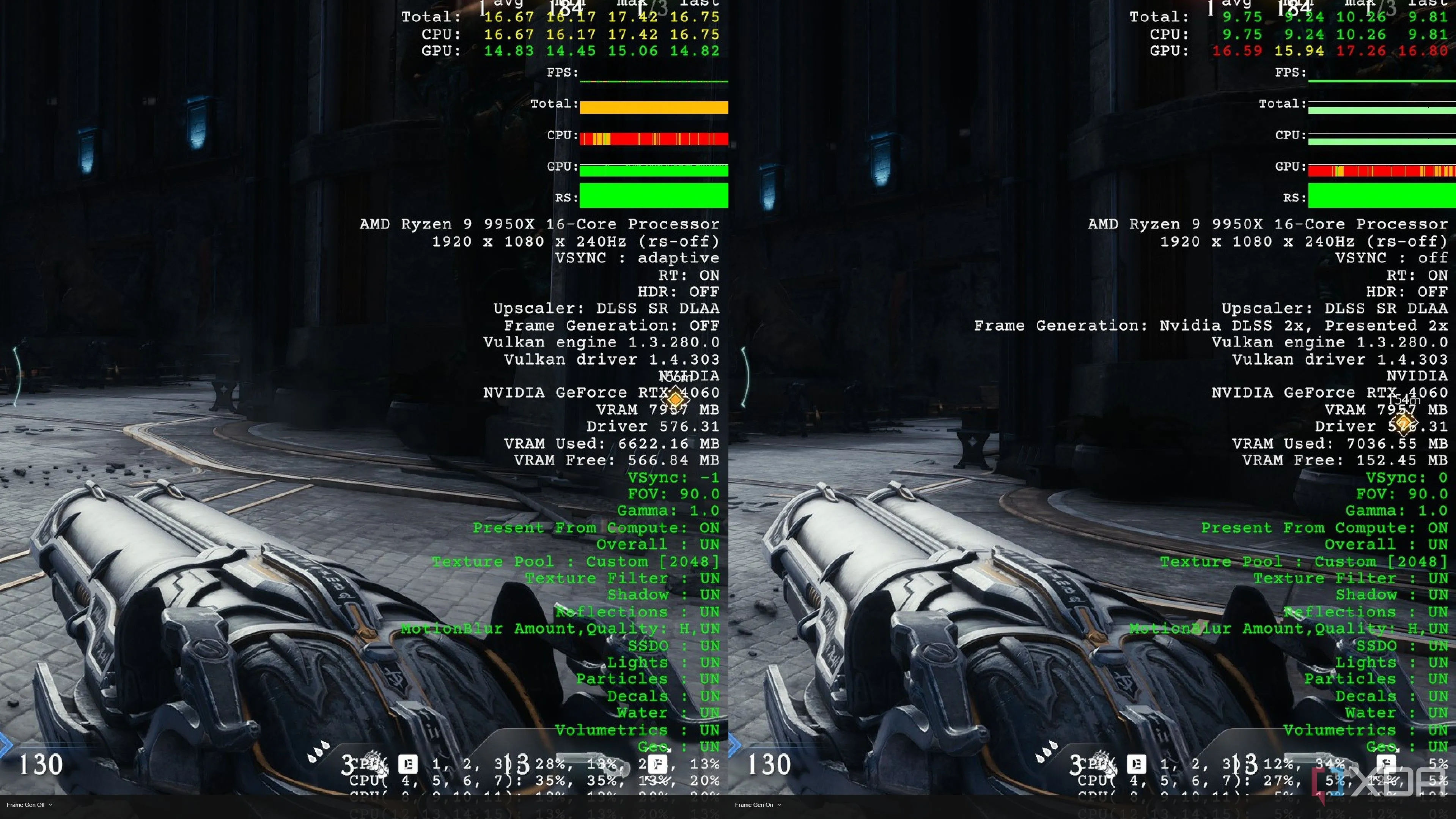 So sánh hiệu suất của Doom: The Dark Ages trên RTX 4060 với và không có DLSS Frame Generation, chỉ ra mức tiêu thụ VRAM tăng thêm khi bật tính năng tạo khung hình.