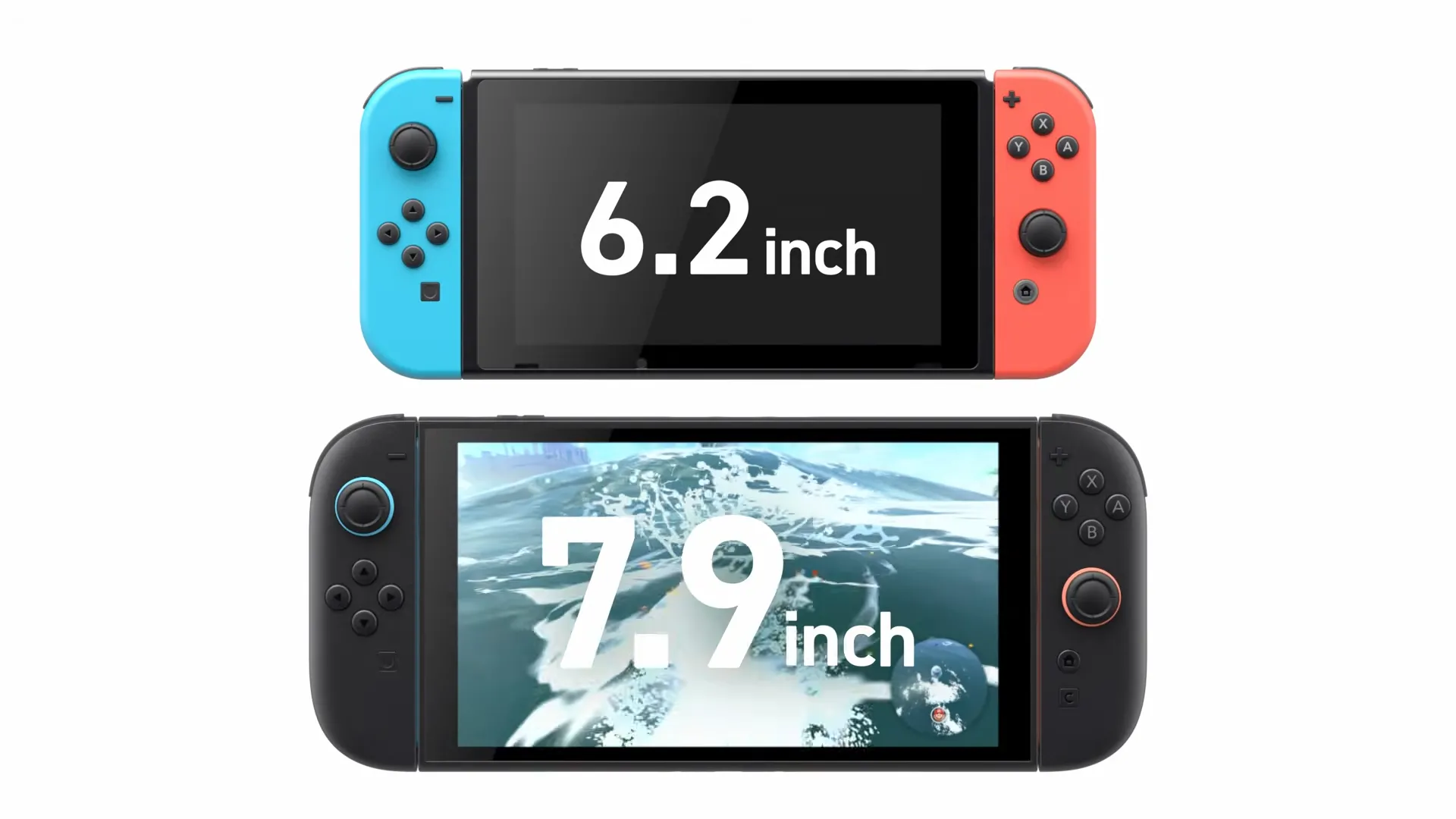 So sánh kích thước màn hình Nintendo Switch và Switch 2, làm nổi bật màn hình LCD lớn hơn