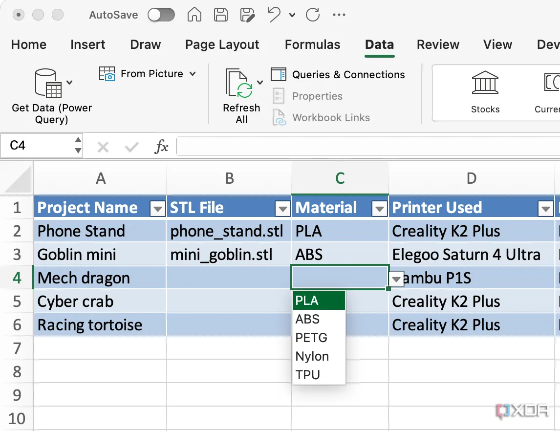 Sử dụng danh sách thả xuống trong Excel để chọn nhanh loại vật liệu và trạng thái in 3D