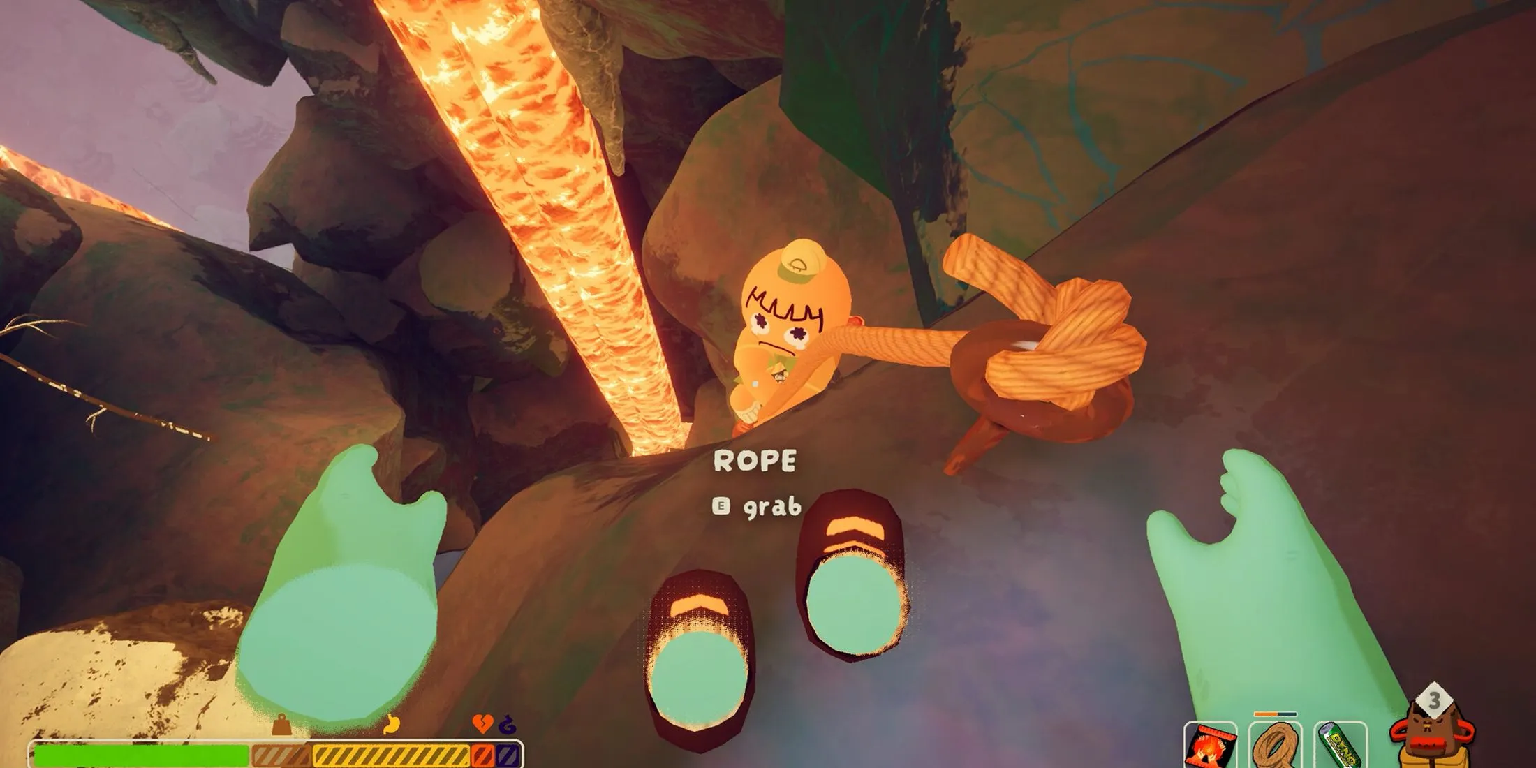 Sử dụng dây thừng là một trong những cơ chế leo núi chính trong game Peak để vượt qua vách đá.