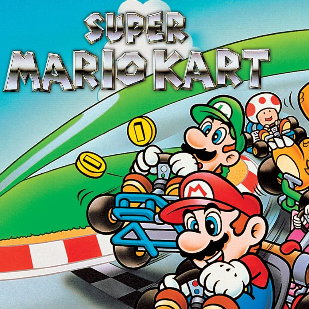 Super Mario Kart - Biểu tượng game đua xe kart SNES với dàn nhân vật Mario.