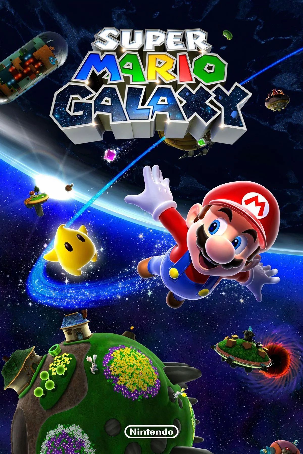 Tập hợp các hình ảnh từ Super Mario Galaxy, bao gồm Mario bay lượn trong không gian và khám phá các hành tinh độc đáo, thể hiện gameplay sáng tạo và đồ họa sống động.