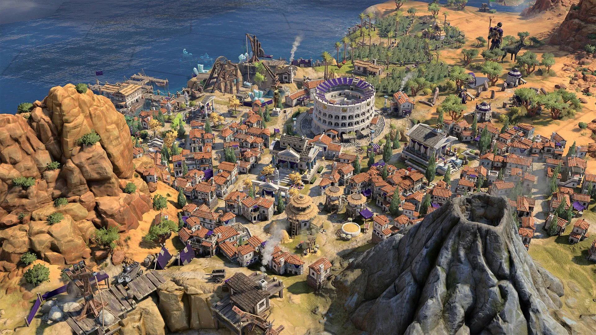 Thành phố Civilization VII nhìn ra biển với kiến trúc đa dạng