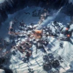 Thành phố New London với lò hơi trung tâm trong Frostpunk 1886 dưới nền trời u ám