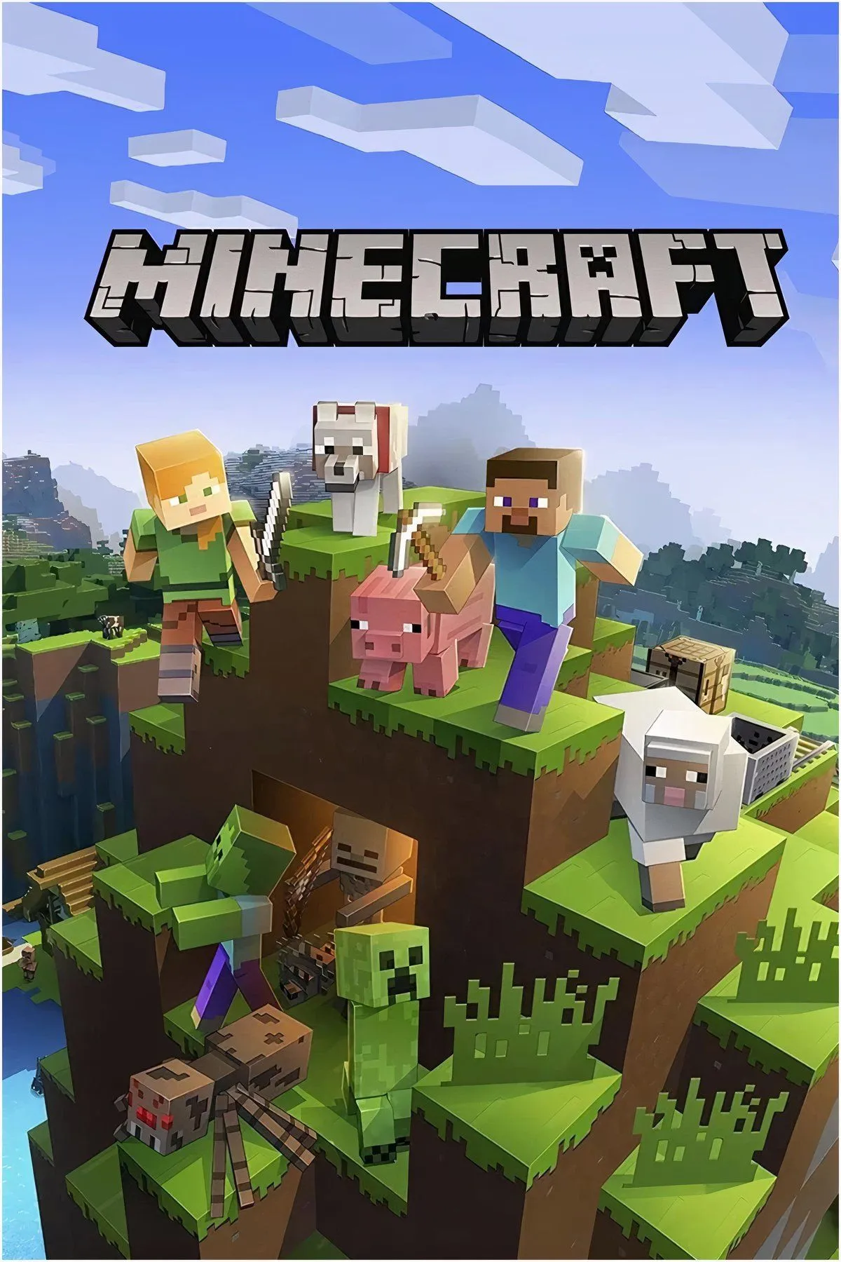 Thế giới khối hộp Minecraft với các nhân vật và công trình biểu tượng