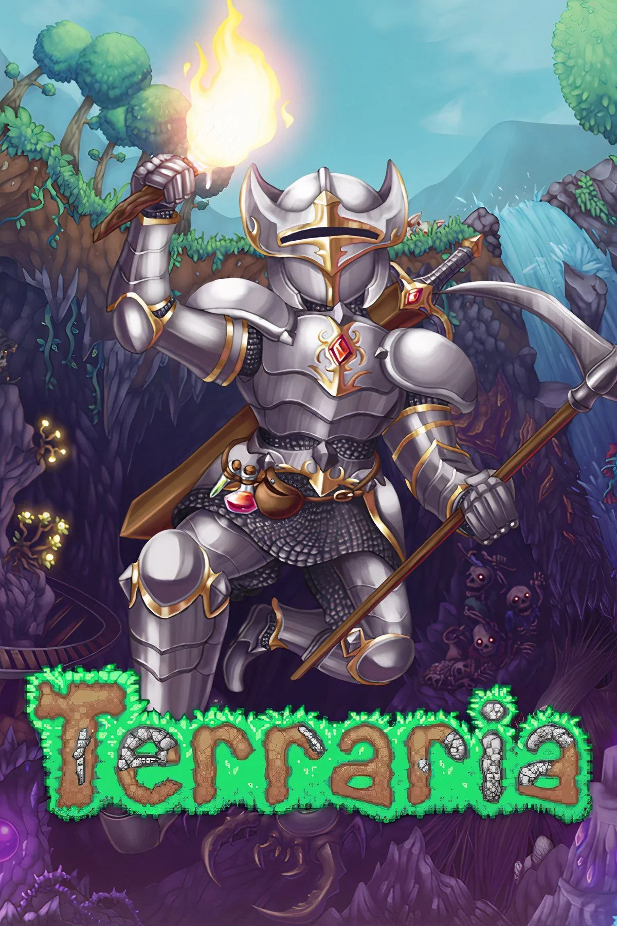Thế giới Terraria đầy màu sắc với nhân vật người chơi đang khám phá, liên quan đến việc thanh tẩy biome hoặc hoàn thành nhiệm vụ câu cá cho các achievement khó.