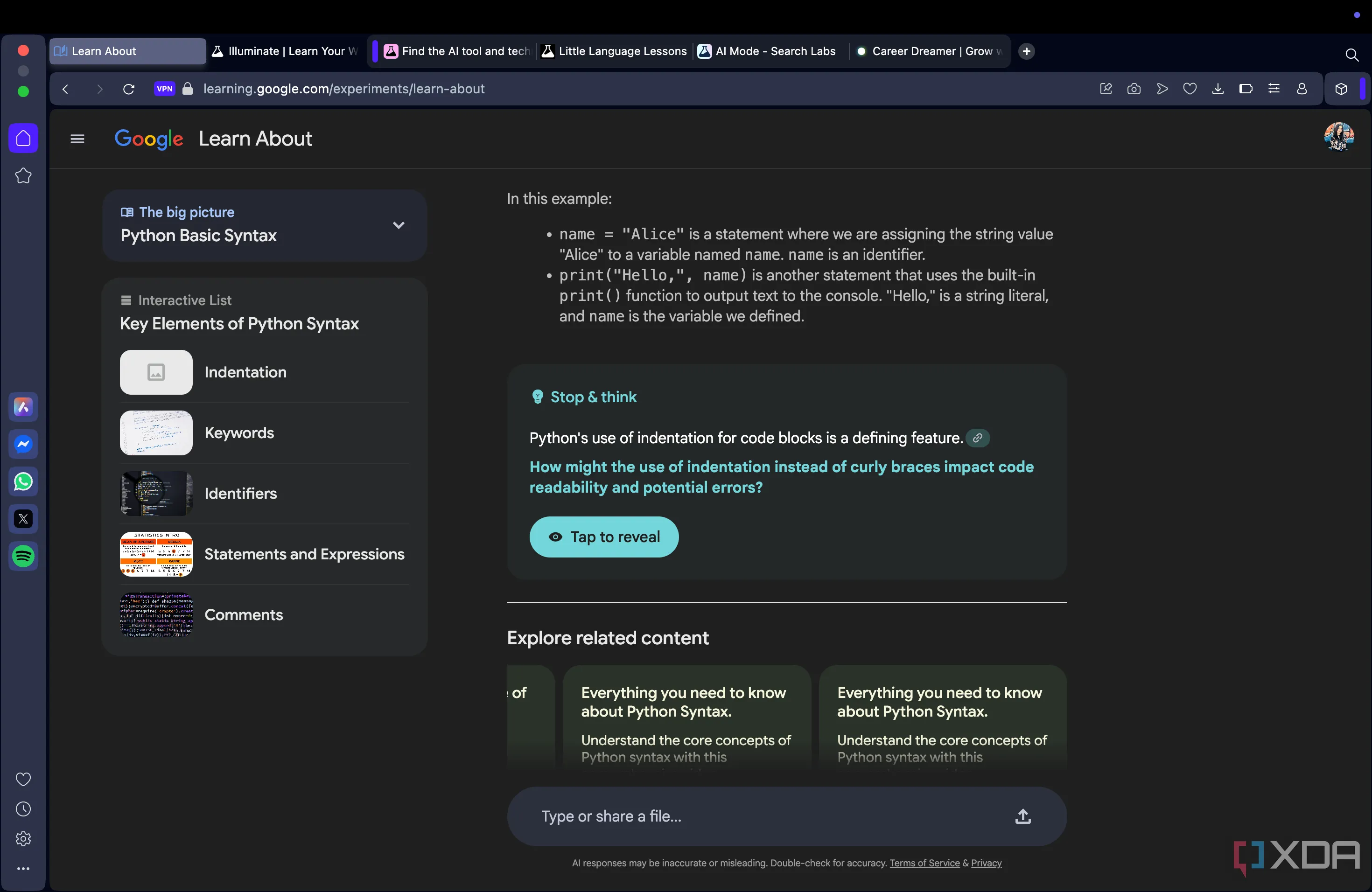 Thẻ 'Stop and Think' trong Learn About, một tính năng tương tác của Google Labs giúp người dùng suy nghĩ và kiểm tra kiến thức về cú pháp Python.