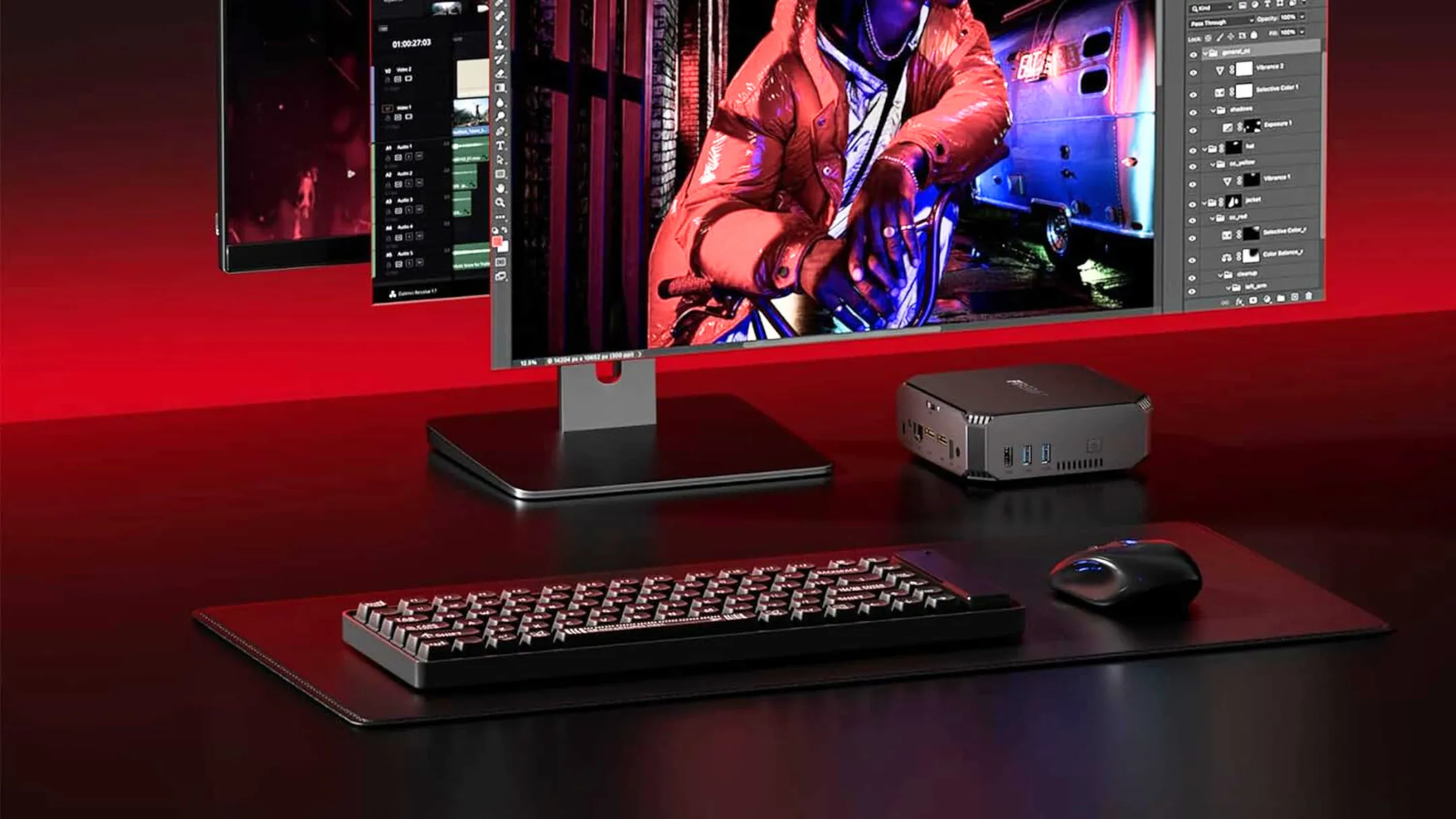 Thiết bị FIREBAT AK2 Mini PC gọn gàng trên bàn làm việc, minh họa khả năng tích hợp vào không gian làm việc hiện đại.