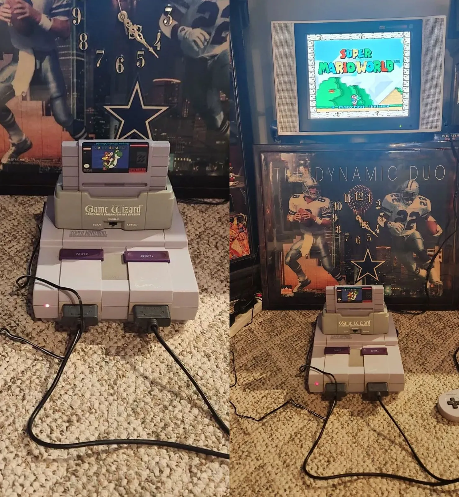 Thiết bị Game Wizard được cắm vào máy chơi game SNES và kết nối với TV, minh họa cách thức hoạt động thực tế