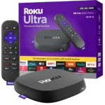 Thiết bị streaming Roku Ultra 2024 màu đen hiển thị rõ các cổng kết nối và điều khiển từ xa đi kèm, minh họa ưu đãi giảm giá