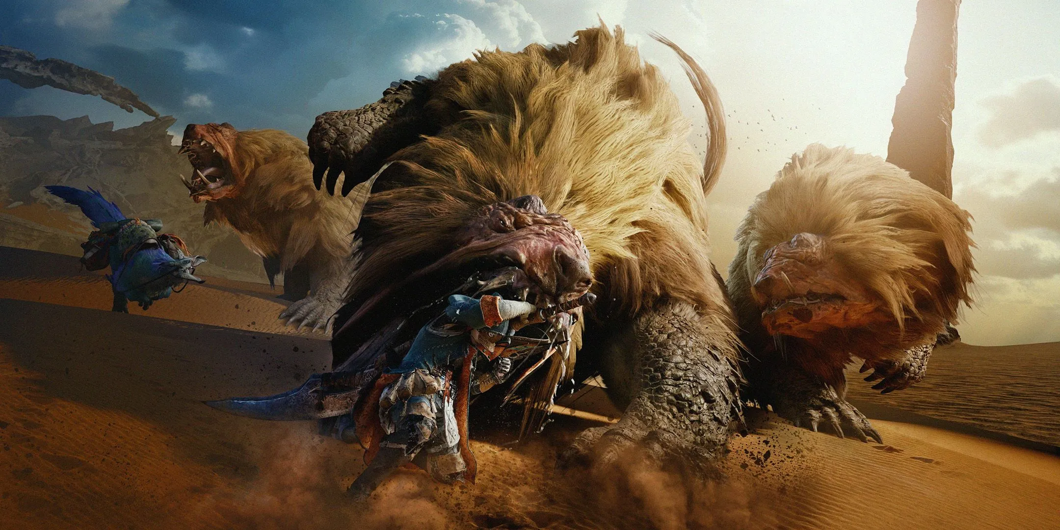 Thợ săn chiến đấu với quái vật khổng lồ trong Monster Hunter Wilds giữa môi trường sống động
