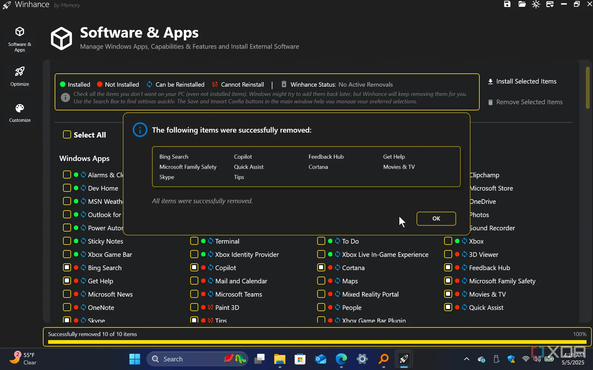 Thông báo thành công khi Winhance gỡ bỏ phần mềm và ứng dụng, giúp dọn dẹp và tối ưu Windows 11.