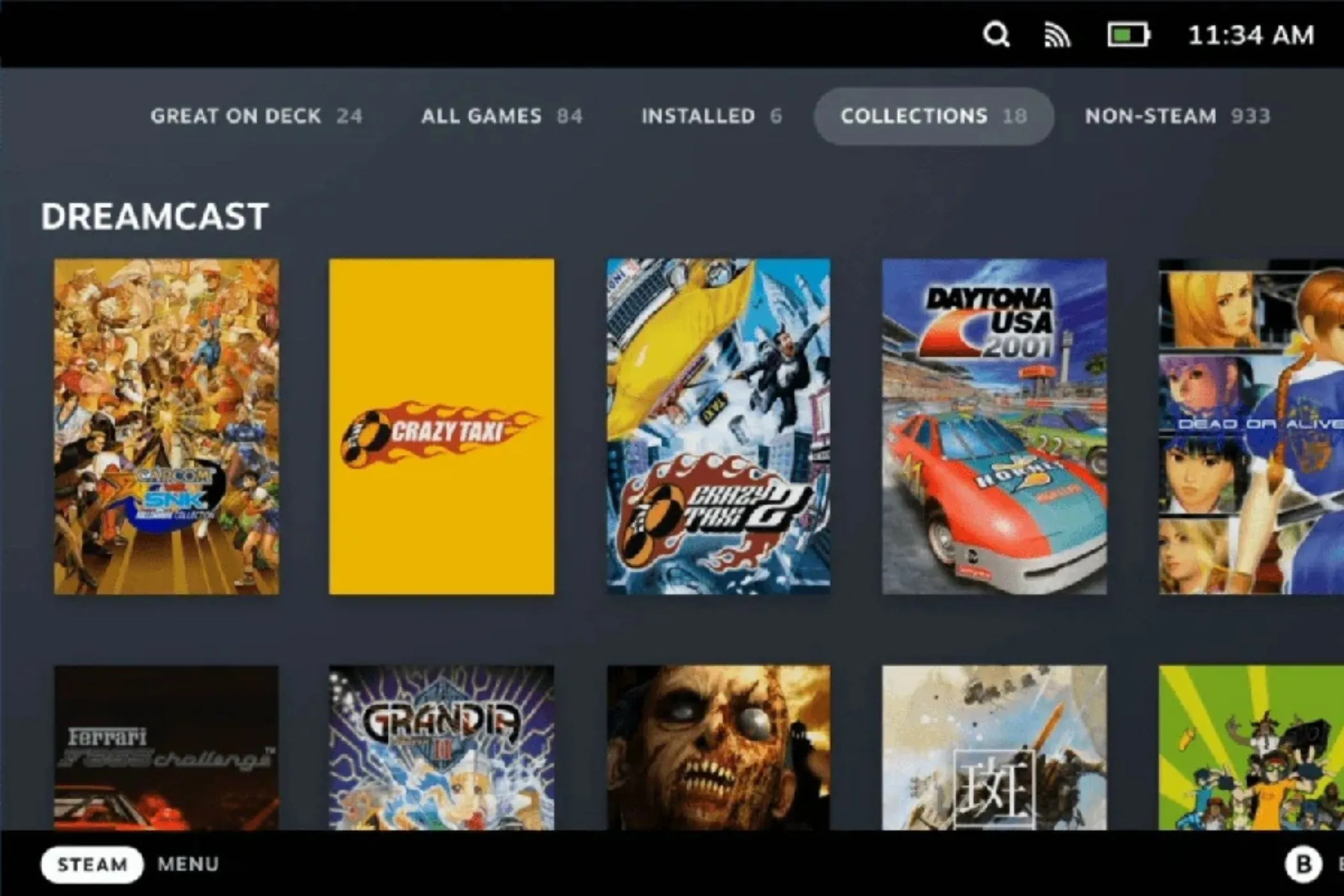 Thư viện game giả lập trên Steam Deck với các tựa game retro được thêm vào, minh họa cách tổ chức game trên EmuDeck.