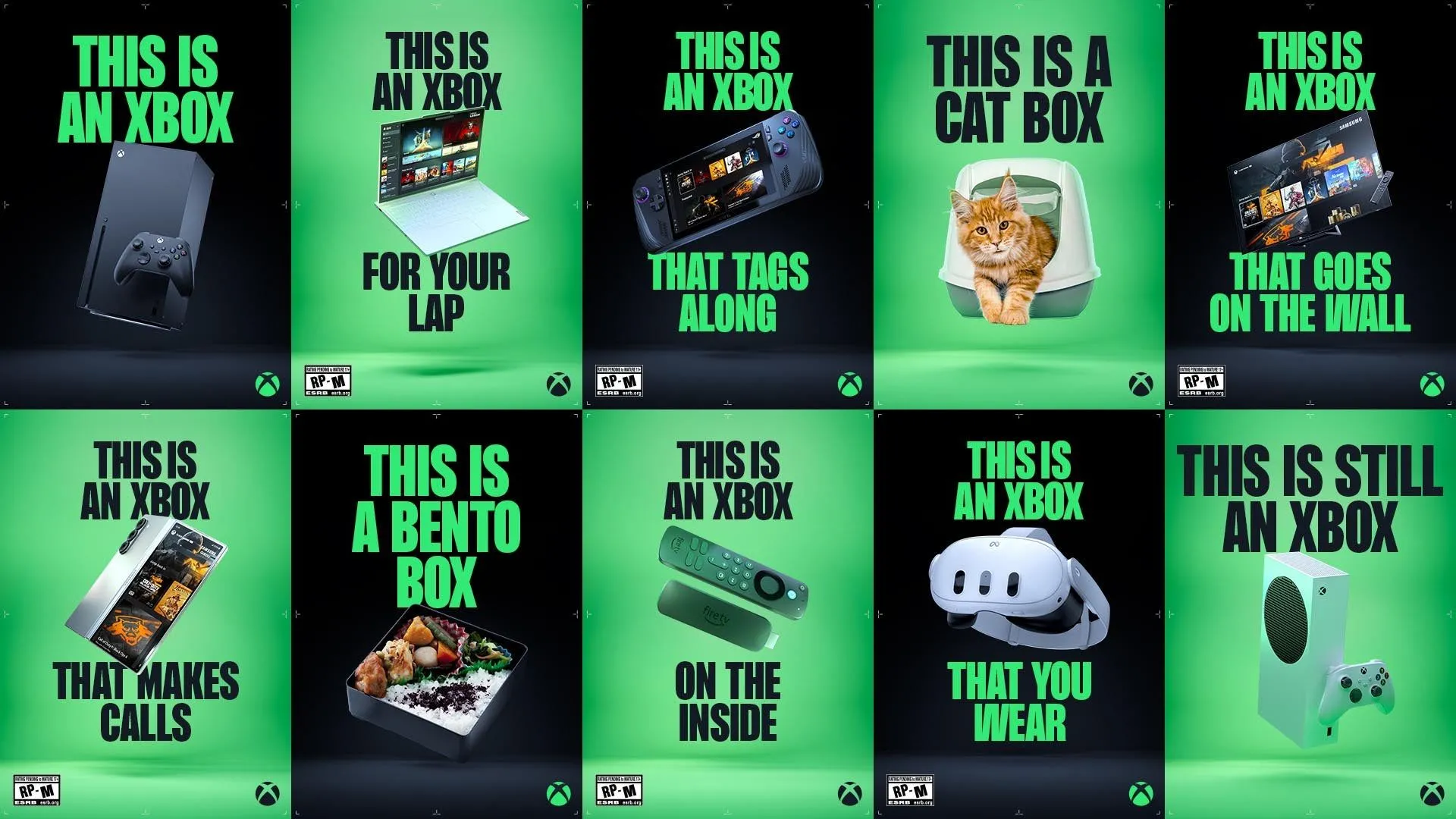 Thực tế ảo và điện thoại hiển thị quảng cáo Xbox Game Pass với dòng chữ "This is an Xbox"