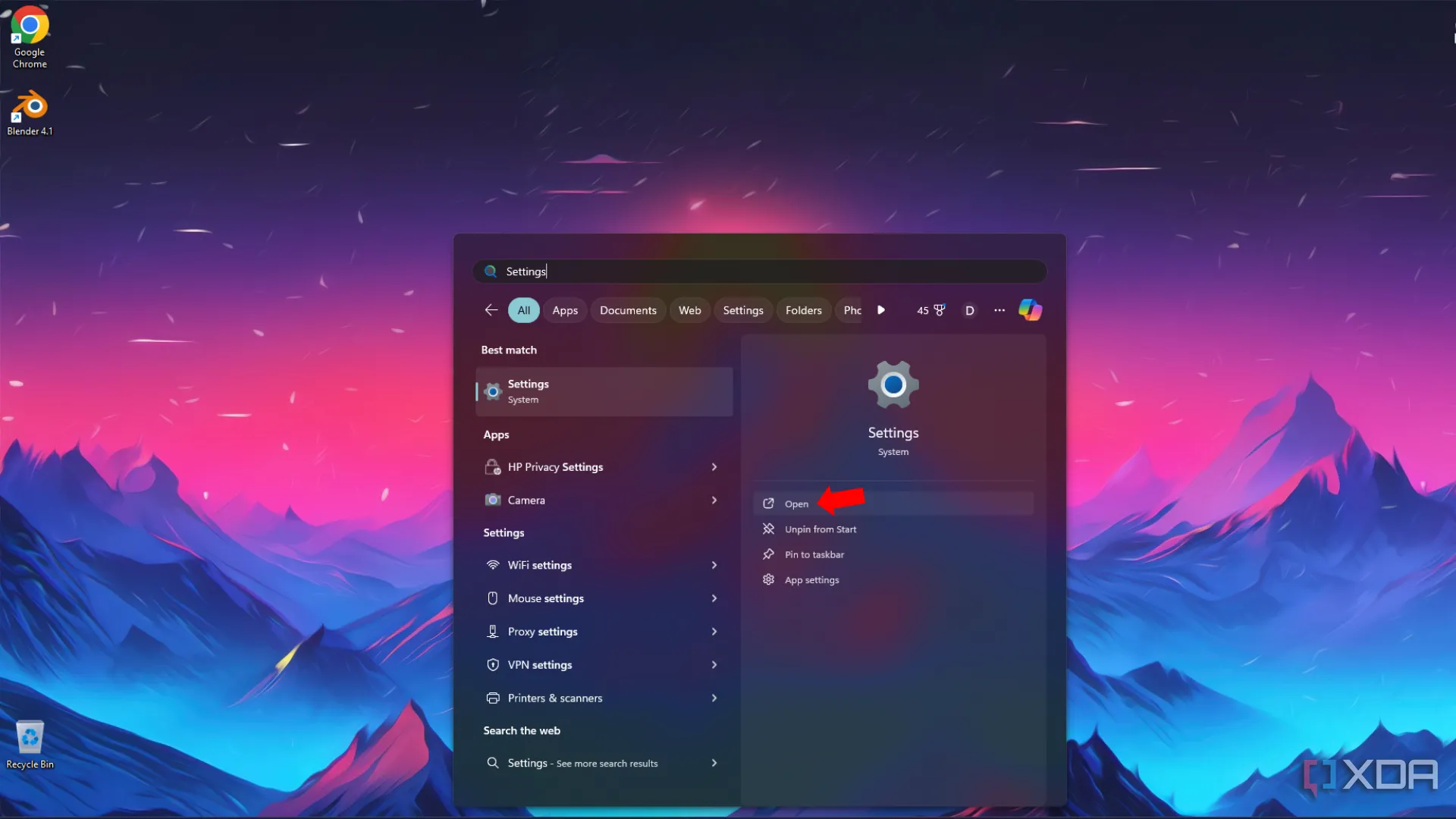 Tìm kiếm ứng dụng Cài đặt (Settings) trên thanh tìm kiếm Windows