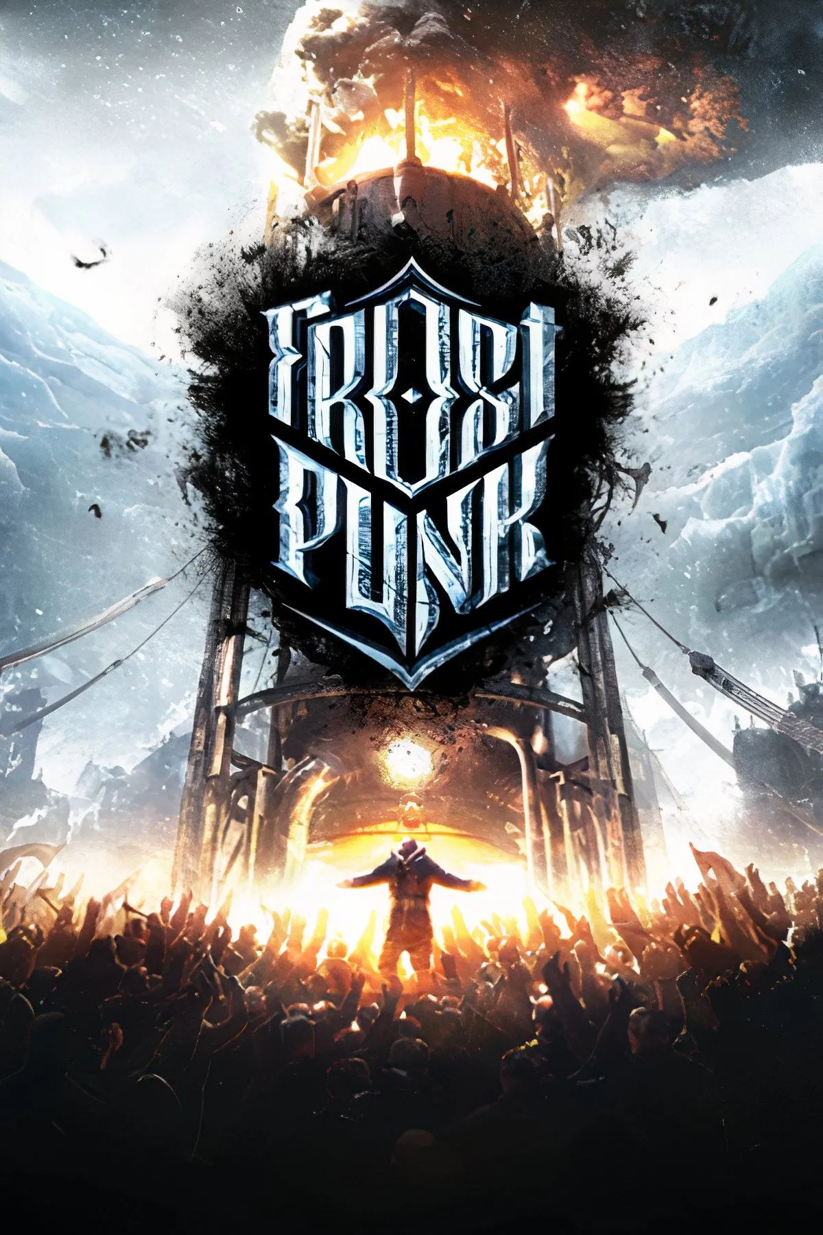 Toàn cảnh thành phố Frostpunk giữa bão tuyết khắc nghiệt, phản ánh thử thách sinh tồn 100 ngày trong chế độ Endurance khó của game.