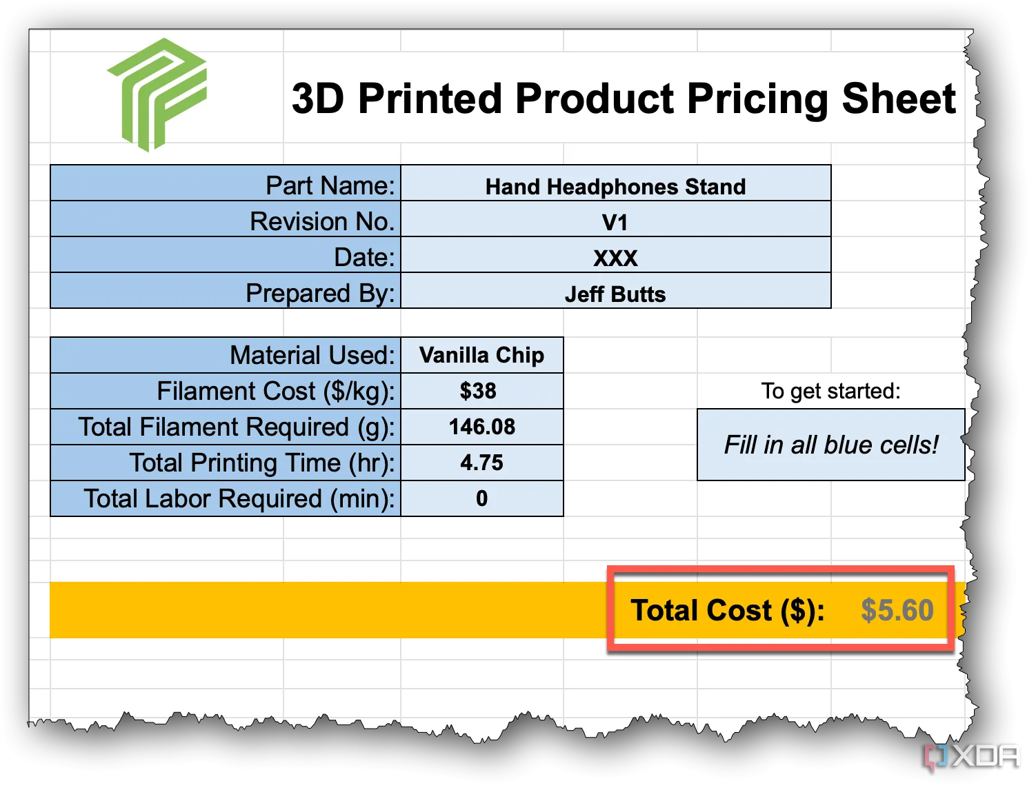 Tổng chi phí tự in giá đỡ tai nghe 3D