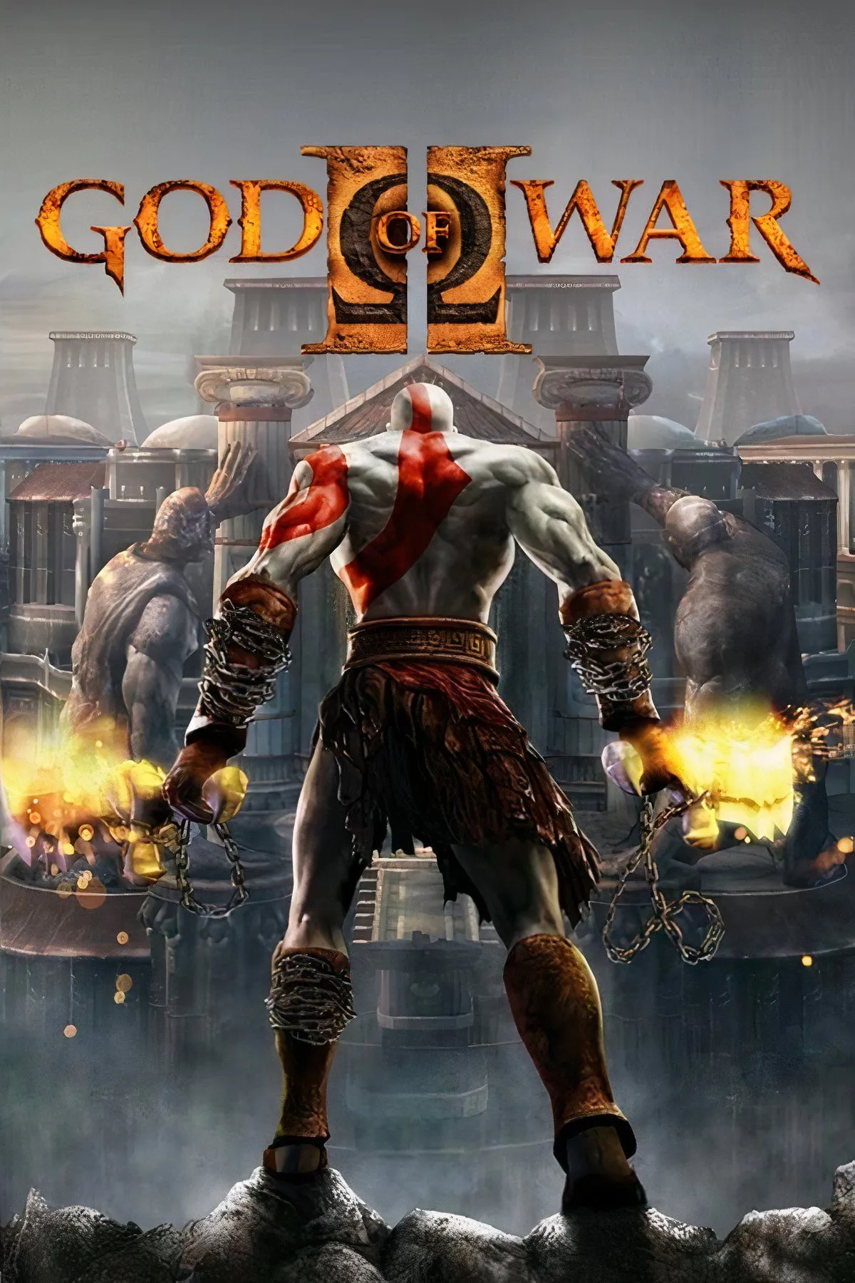 Tổng hợp các cảnh quay từ God of War II, bao gồm Kratos đối đầu với quái vật và môi trường Hy Lạp cổ đại, thể hiện sự bạo lực và quy mô của game.