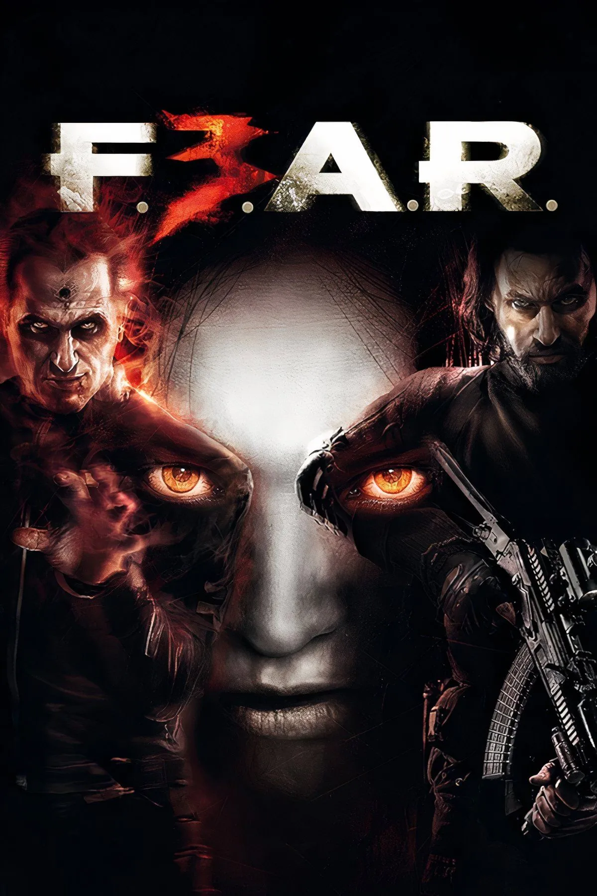 Tổng hợp các hình ảnh từ game F.E.A.R., bao gồm các cảnh chiến đấu và yếu tố kinh dị đặc trưng của series, nhấn mạnh sự kết hợp độc đáo giữa FPS và kinh dị tâm lý.