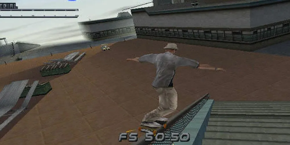 Tony Hawk's Pro Skater 2 vận động viên trượt ván thực hiện cú grind trên đường ray