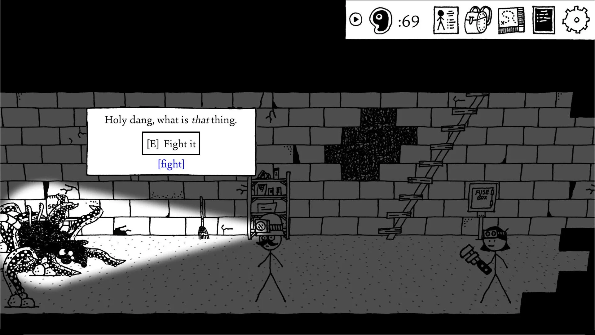 Trận chiến trong game Shadows Over Loathing, với các hiệu ứng chiến đấu và thiết kế kẻ thù đơn giản nhưng biểu cảm