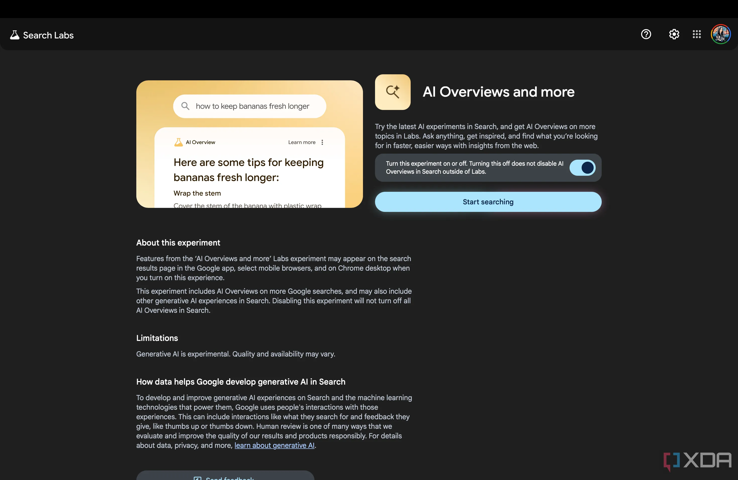 Trang Google Labs nơi người dùng có thể kích hoạt các thử nghiệm AI Overviews và tính năng AI khác của Google Search